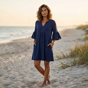 💙JUDE CONNALLY Kerry Navy Blue Boho Beach Peasant Bell Sleeve Dress EUC LARGE